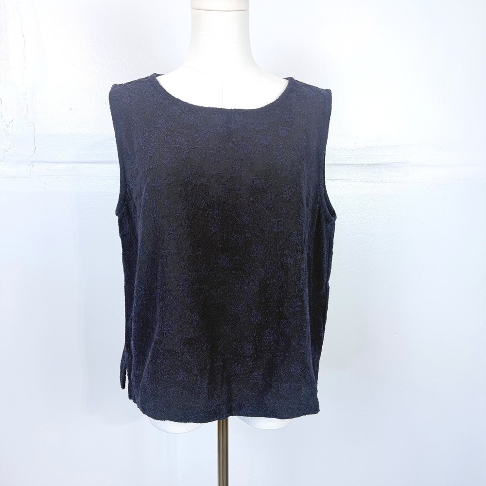 Eileen Fisher Wool Blend Bouclé Tank Italian Fabric Shell Navy Black M RN# 78121